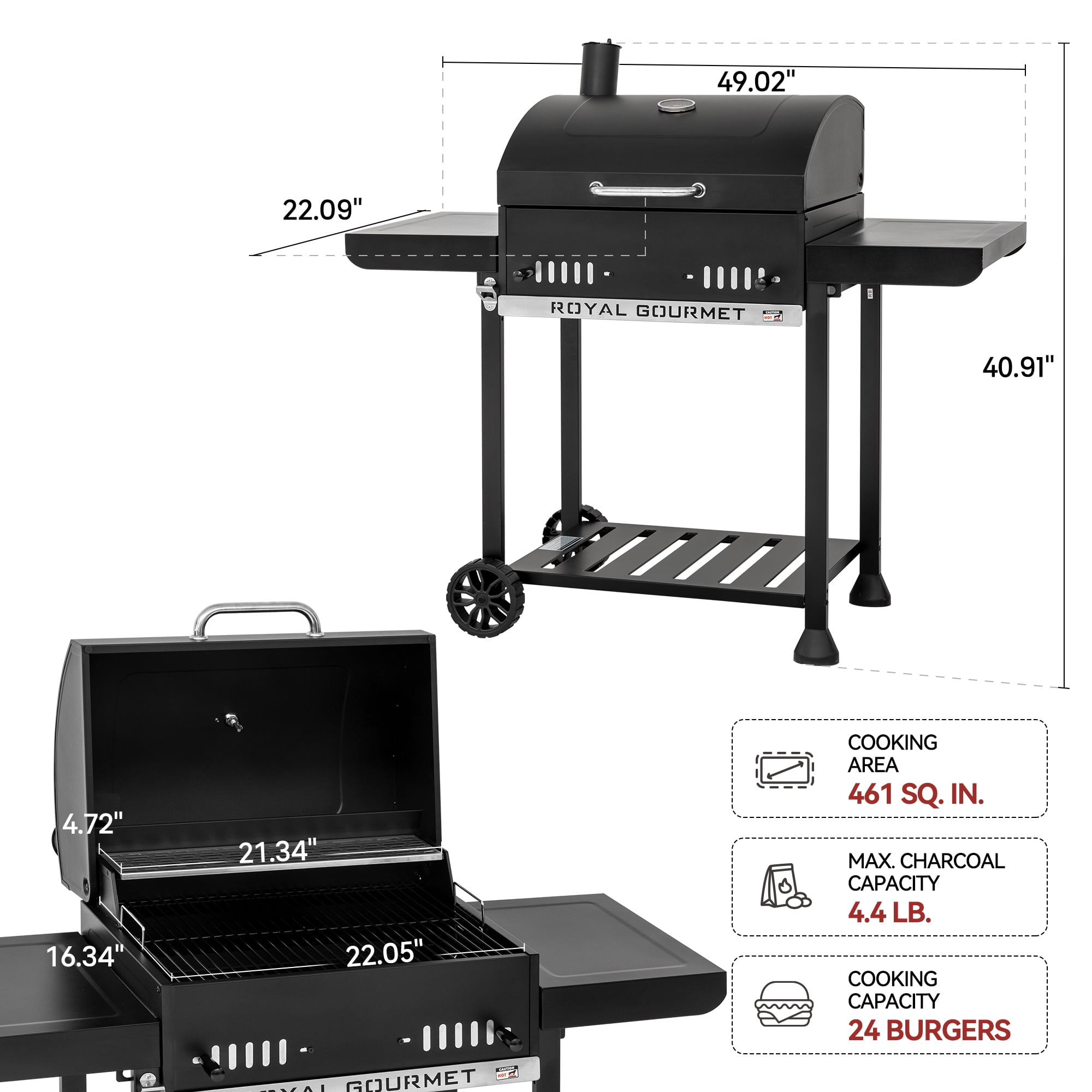 Royal Gourmet CD1824EH 24-inch Movable Charcoal BBQ Grill， Outdoor Cooking Grill with 2 Foldable Side Shelves，Black