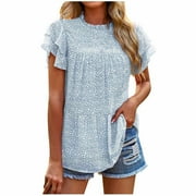 JURANMO Clothing Clearance Women Clearance Tops Sexy Pleated Polka Dot Ruched Blouses for Teen Girls Ruffle Short Sleeve Boat Neck Chiffon Graphic Tops Women 2023 L