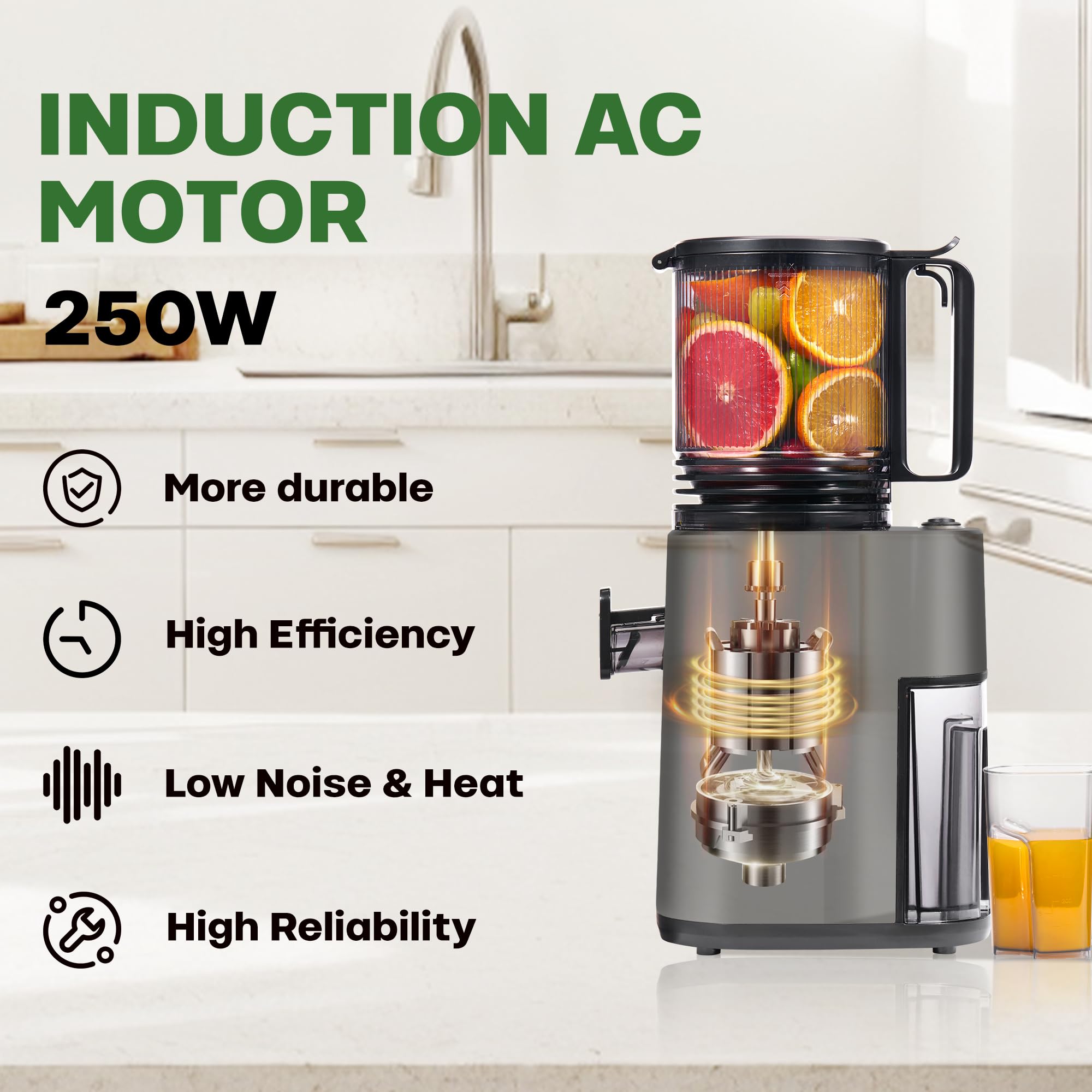 Cold Press Masticating Juicer with 350W AC Motor, 5.4" Wide Feed Chute, Slow Juicer for Whole Fruits & Vegetables, High Juice Yield, Easy to Clean – Black