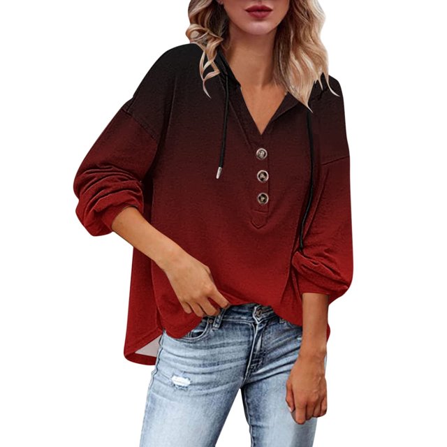 Sudadera Para Mujer Otoño Con Cuello en V Camisas de Manga Larga Botón Abajo Colorblock Sudaderas Con Capucha Túnica Tops Con Cordón Odeerbi ODB182934