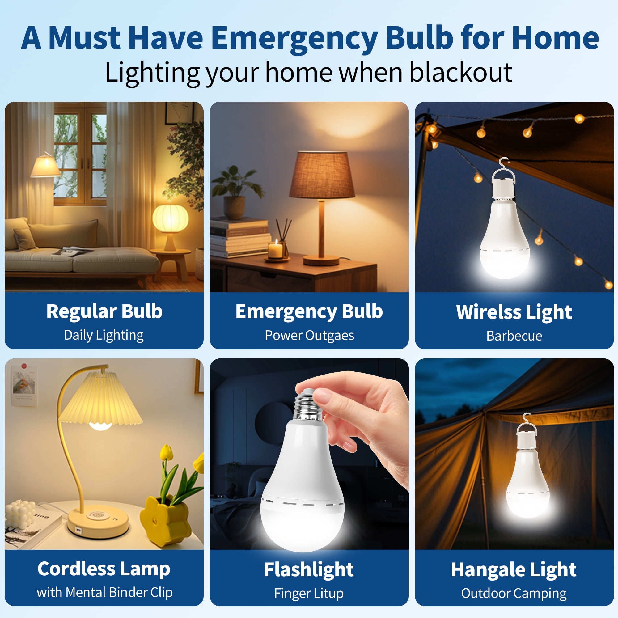 Rechargeable Emergency Light Bulbs, Battery Powered LED Light Bulb 6500K Daylight E26 12W 70W Equivalent with 1200mAh for Home Power Outage Camping Hurricane, 6 Pack