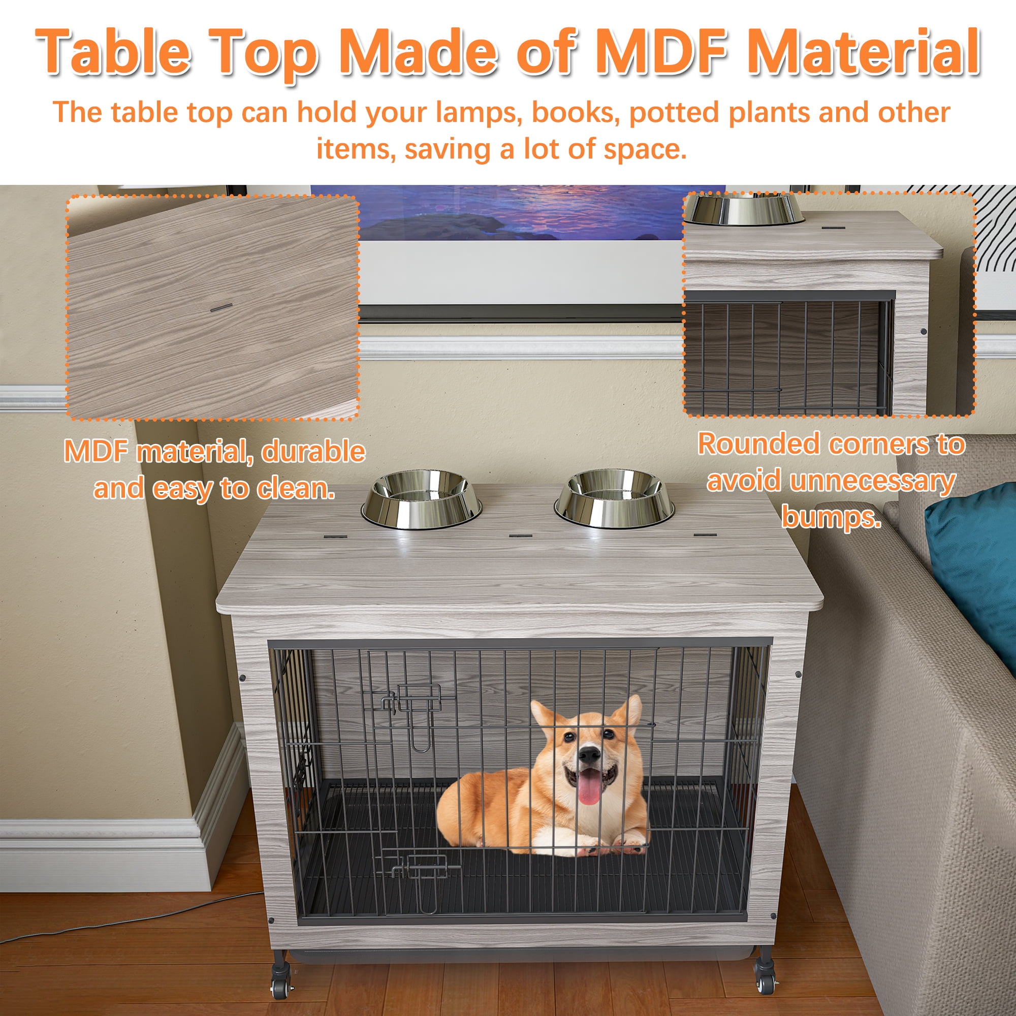 Pefilos 23.6"L Wood Dog Crate Furniture with Cushion, Double-Doors Dog Cag for Indoor, Dog House, Dog Kennel for Small Dogs, Gray Pefilos 23.6"L Wood Dog Crate Furniture with Cushion, Double-Doors Dog Cag for Indoor, Dog House, Dog Kennel for Small Dogs, Gray
