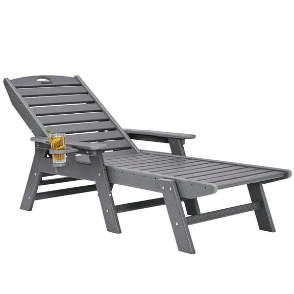 VEVOR Chaise Lounge Chair, 400 lbs Weight Capacity, 6 Positions Adjustable Patio Lounge Chair, Outdoor HDPE Lounge Chair with Backrest & Cup Holder, for Pool Poolside Deck Backyard Lawn, Gray