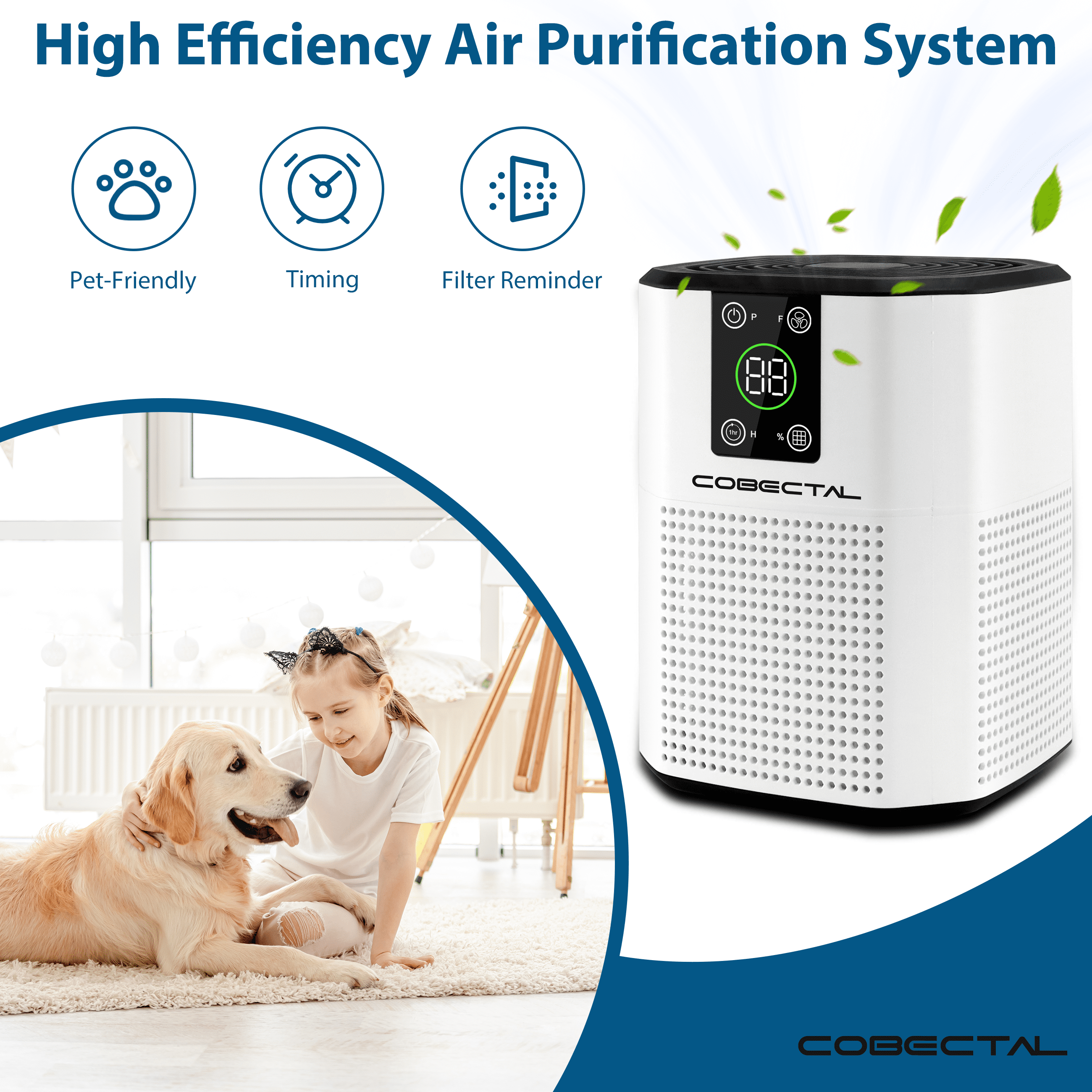 Cobectal HEPA Air Purifier with Filter, Remove Mold, Smoke, Hair Air Cleaner for Home Bedroom