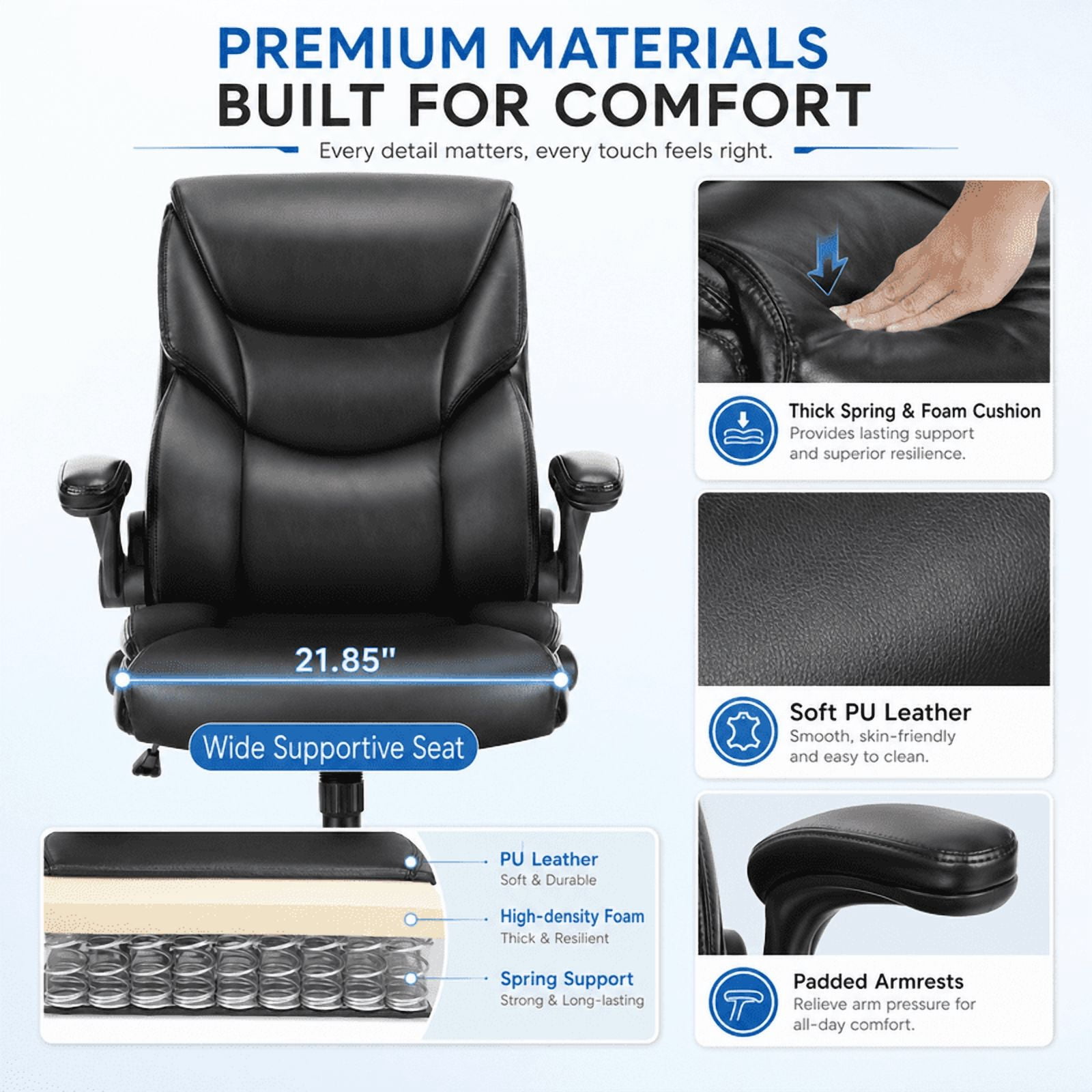 Ergonomic PU Leather Executive Office Chair, Adjustable Height Desk Chair with Lumbar Support, Wide Seat, 360° Swivel and Quiet Wheels, Black