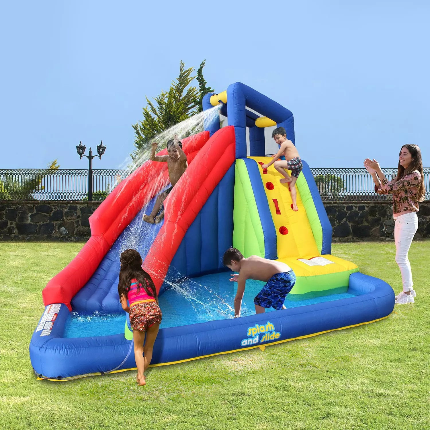 Details about   Kids Inflatable Water Slide Park with Climbing Wall and Pool 
