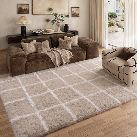 BERTHMEER 3'x5' Small Shag Area Rugs for Entryway Doormats Indoor Bathroom Office Modern Checkered Geometric Contemporary Plush Soft Fuzzy Fluffy Washable Carpets, Beige