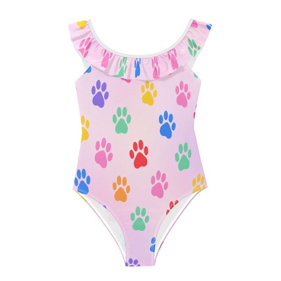 Girls Ruffled One Piece Swimsuit Summer Beach Vacation Swimwear Tank Swimsuit Pinkish-purple Animal Paw Print Pattern