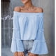 thumbnail image 1 of Blusa casual para mujer, Tops con mangas acampanadas y hombros descubiertos, blusas sueltas de verano, rendimiento sólido, 1 of 6