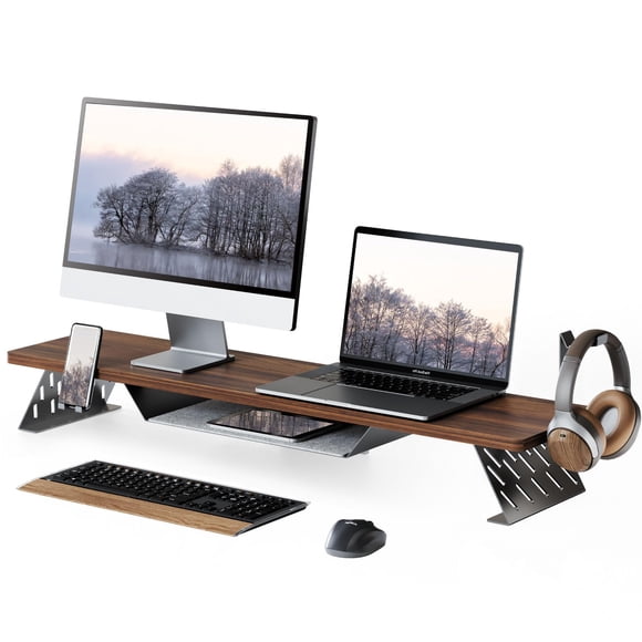 Fenge Dual Monitor Stand, 42.5 Inch Monitor Riser for Desk, Wood Desk Shelf for 2 Monitors, 2 Tier Monitor Shelf with Headphone Stand & Phone Holder