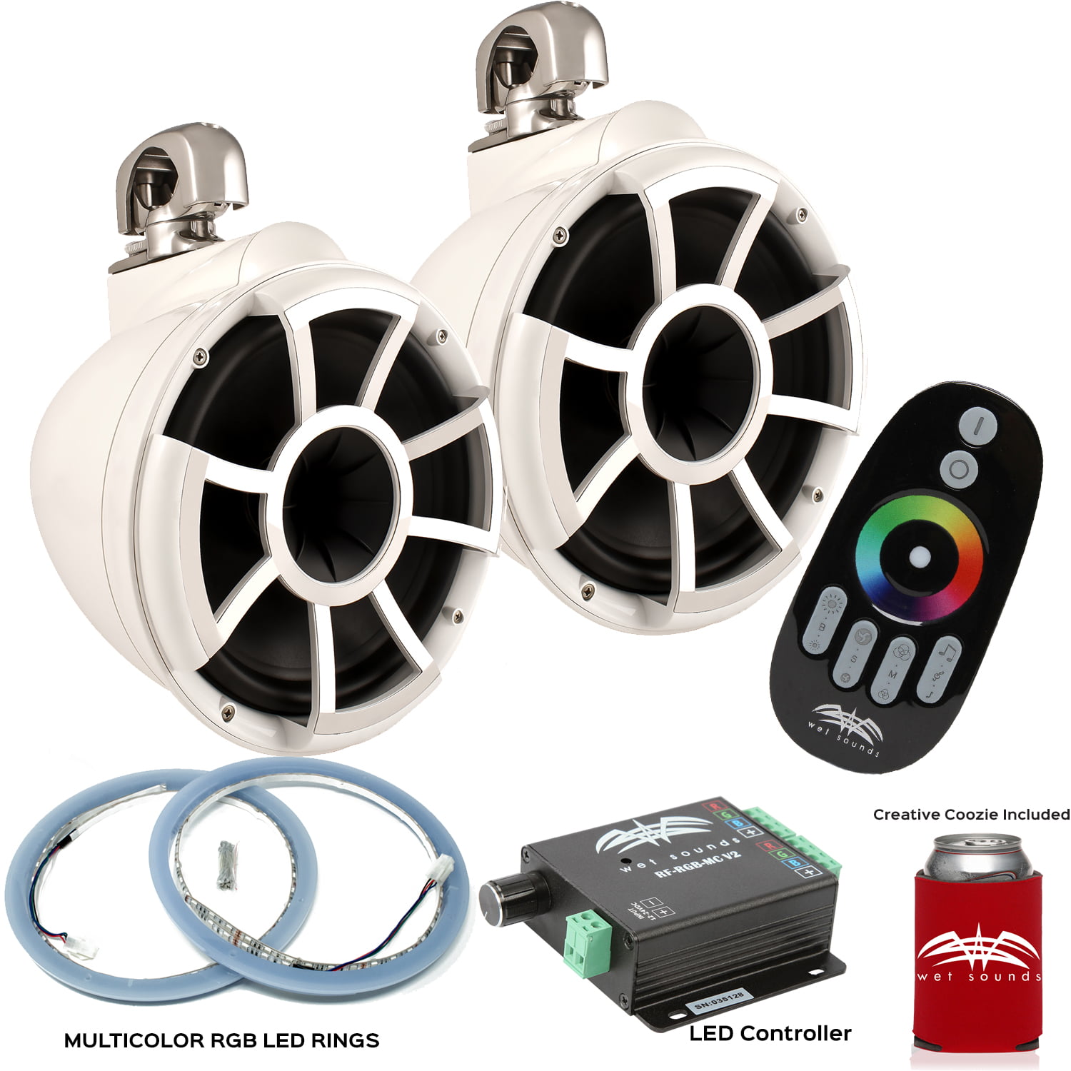 Wet Sounds REV10W-SC Swivel Clamp Tower Speakers with RGB LED Speaker Rings  & LED Controller - White 