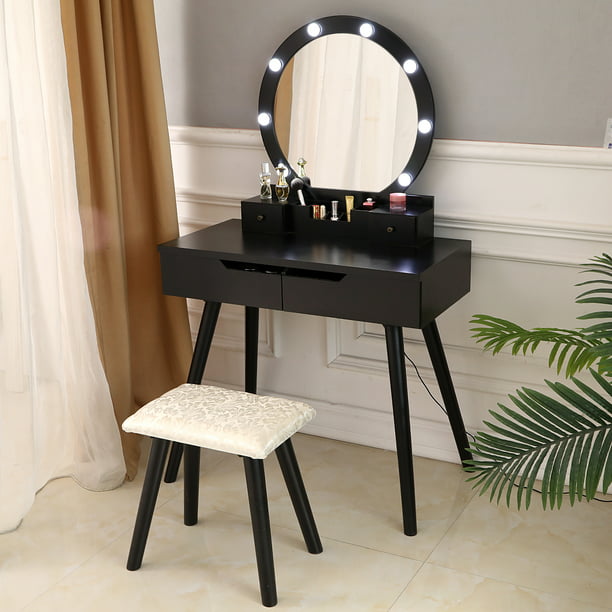 Ktaxon Vanity Set With Round Lighted Mirror Makeup Dressing Table With 8 Light Bulbs Cushioned Stool Set Bedroom Vanities Set Black Walmart Com Walmart Com