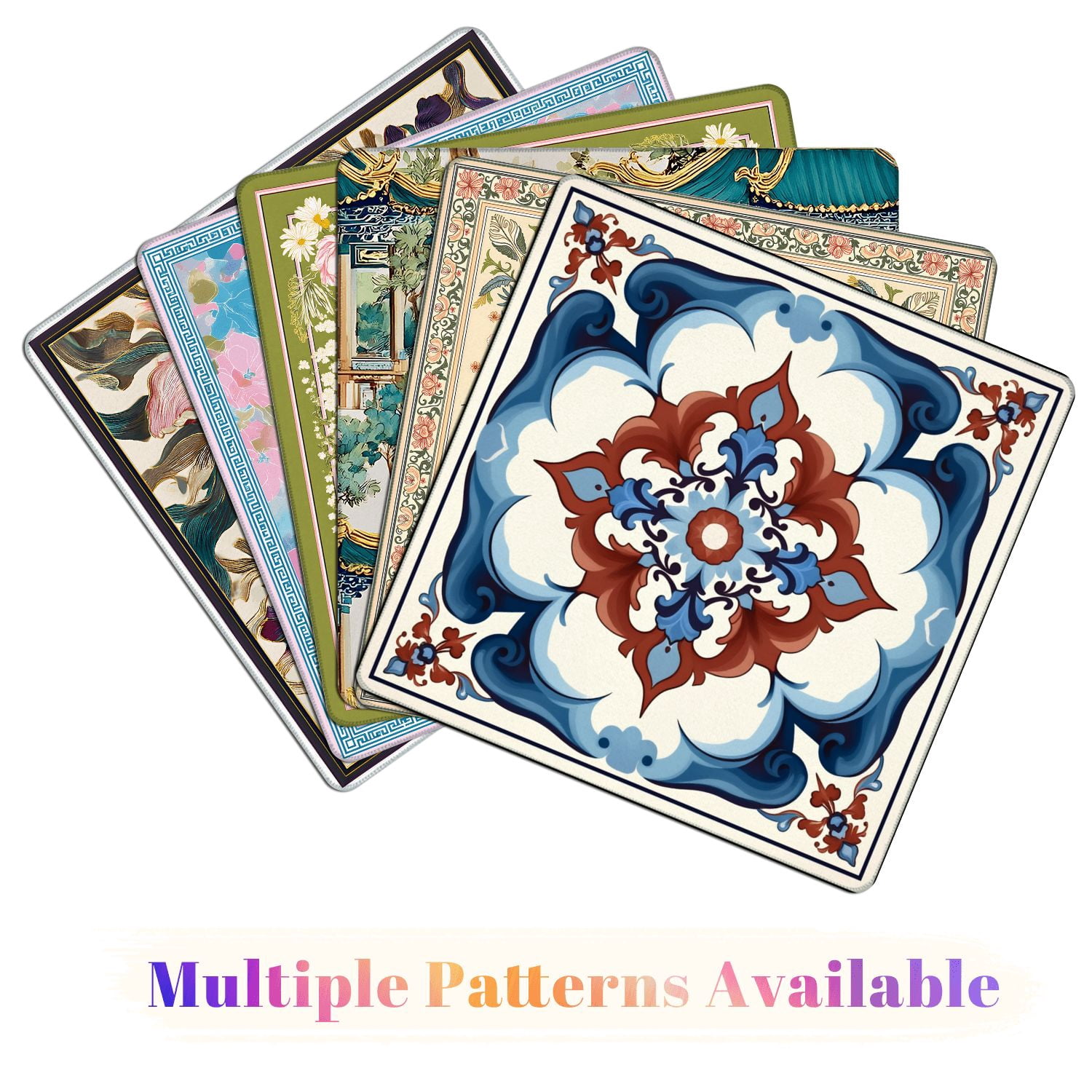 Mahjong Mat 31.5" x 31.5" Floral Tile Design Red Blue White Ornate Patterns Non-Slip Noise Reduction American Mahjong Tiles Table Cover for Dominoes Poker Card Board Games Gift