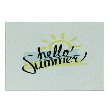 Hello Summer Cutting Board, Freehand Brush Strokes Background Calligraphy Summer Elements, Decorative Tempered Glass Cutting and Serving Board, Small Size, Pale Yellow Almond Green, by Ambesonne