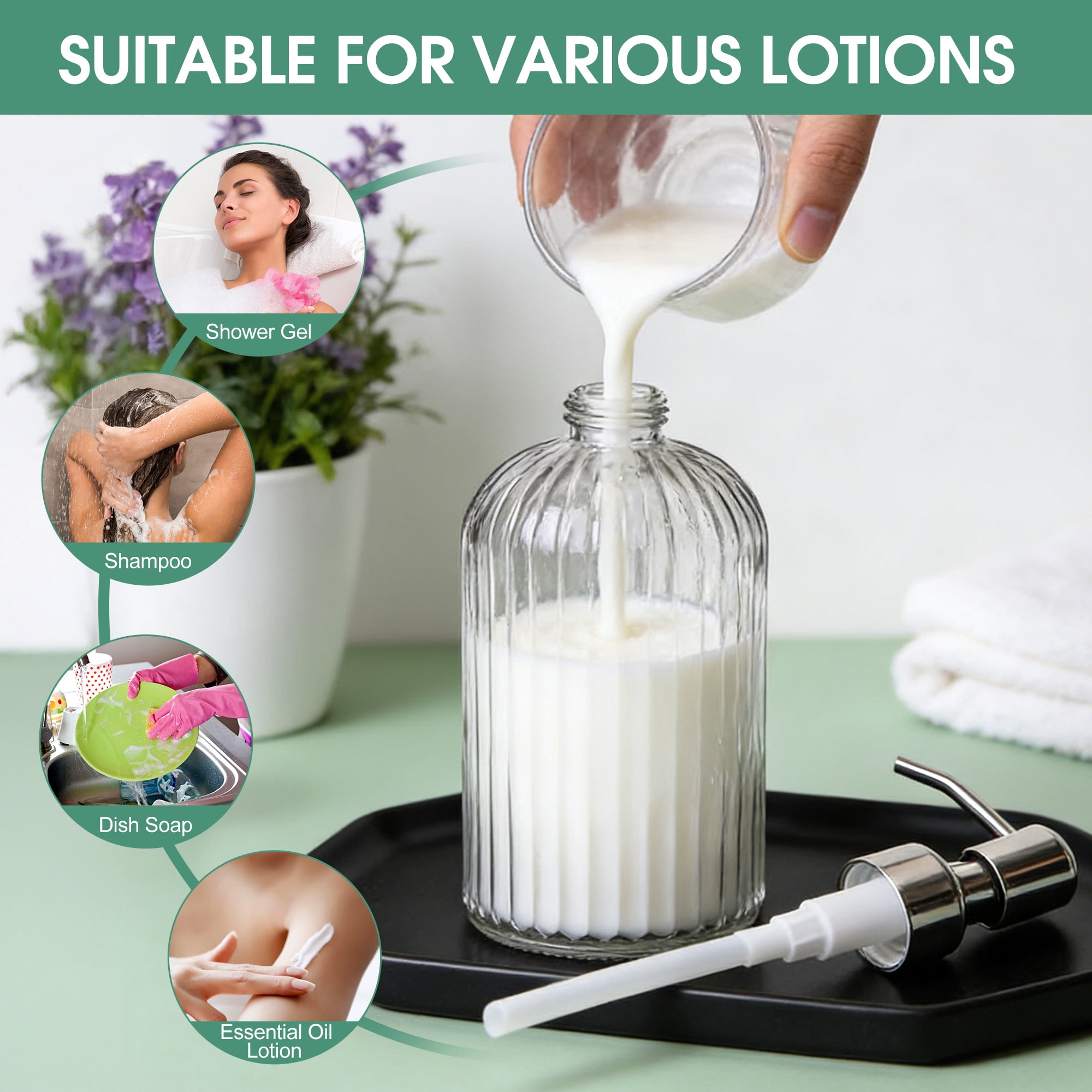 2 Pack Glass Soap Dispenser with Rust Proof Stainless Steel Pump, Refillable Hand Soap Dispenser with Vertical Stripe, Elegant Hand Soap Dispenser for Bathroom & Kitchen