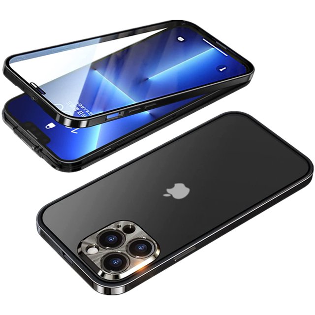 Buckle Installation iPhone 13 pro max case 360°Full Aluminum Bumper with Lock Tempered Glass Shockproof Translucent backplane Double Sided Protection (iPhone13promax, Balck) Balck iPhone13promax