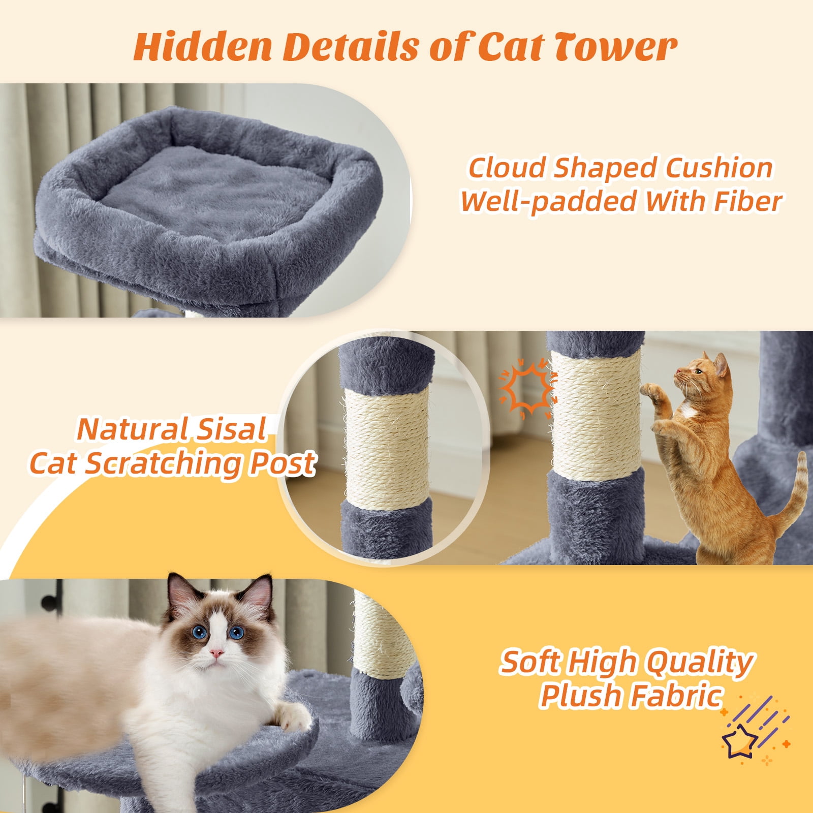 SHOUFTW 44in Cat Tree, Space-Saving Indoor Cat Tower with Large Top Perch and Hammock for Multi-Cat Households, Gray