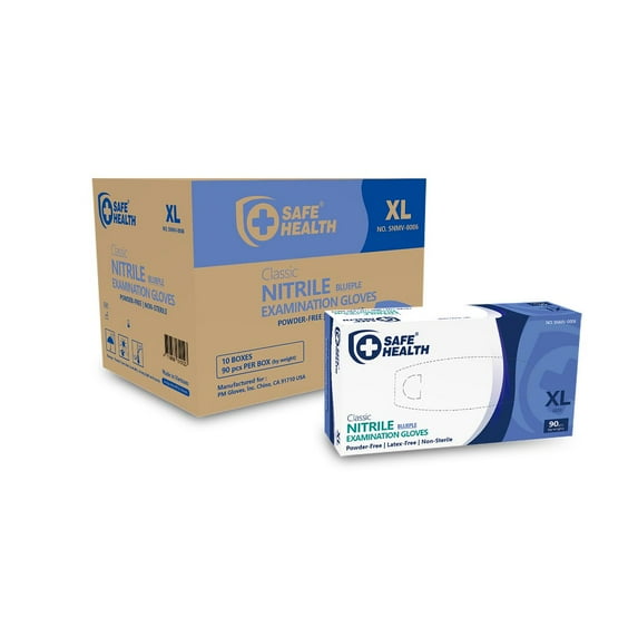 SafeHealth Nitrile Exam Disposable Gloves, Free of Latex & Powder, Blueple, Blue, Finger Textured, 3.6 Mil, Medical Standard, Case of 900, Size XL