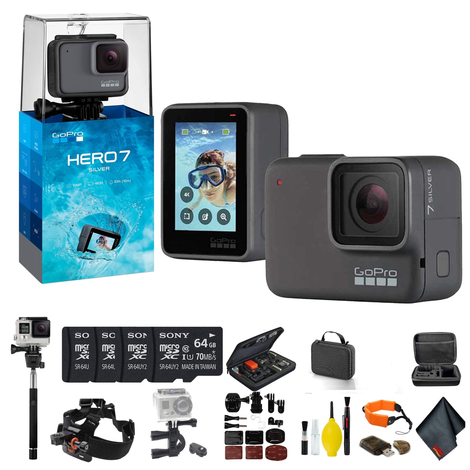 GoPro HERO7 Silver Bundle Includes: 4 64GB Memory Cards, Case