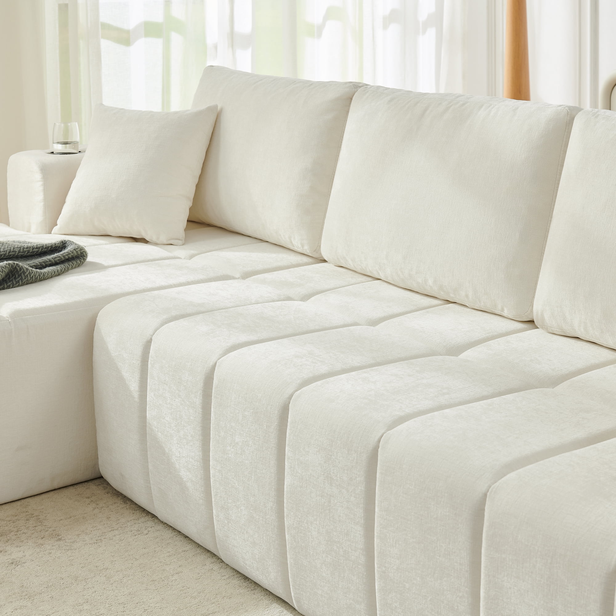Leumius 108" L-Shaped Sectional Sofa,Chenille Boneless Couch, Modern 3-Seat Upholstered Cloud Couch Sectional with Deep Seat and Cup Holders for Living Room,No Assembly Required,Beige