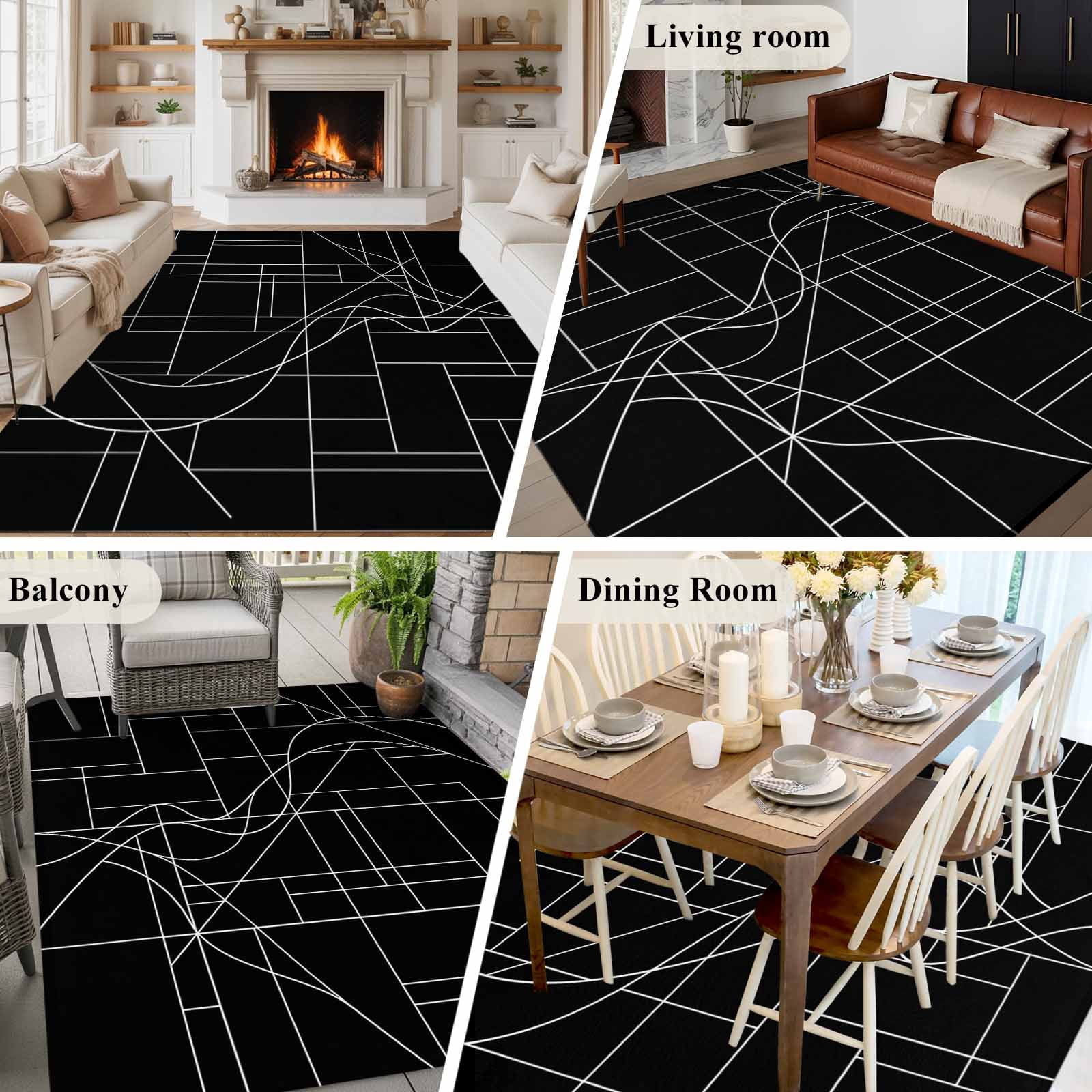 Black Striped Geometric Area Rugs 6'x9', Washable Small Throw Rugs for Kitchen Dining room, Modern Abstract Art Stripes Indoor Outdoor Rug Non-Slip Low Pile Carpet Runner Reversible Floor Mats
