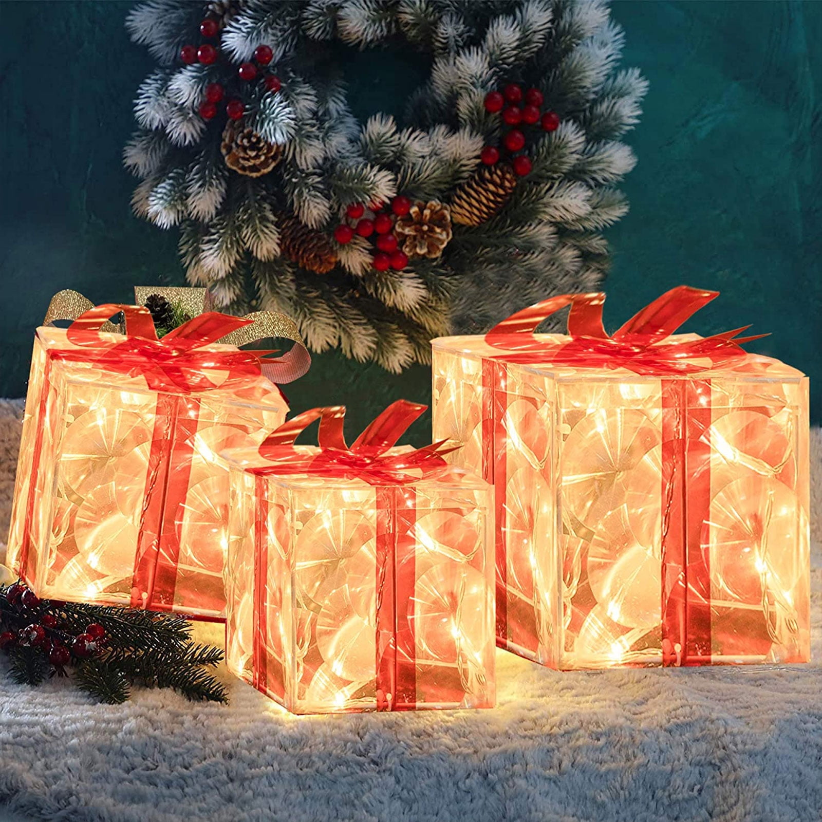 Set of 3 Christmas 60 LED Lighted Gift Boxes, Transparent Warm White