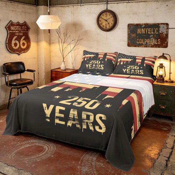 Manfei Retro City Silhouette Queen Sheets, Distressed US Flag Queen Sheet Sets, Red White Blue, Black Reversible 4 Pieces (1 Flat Sheet, 1 Fitted Sheet and 2 Pillowcases)