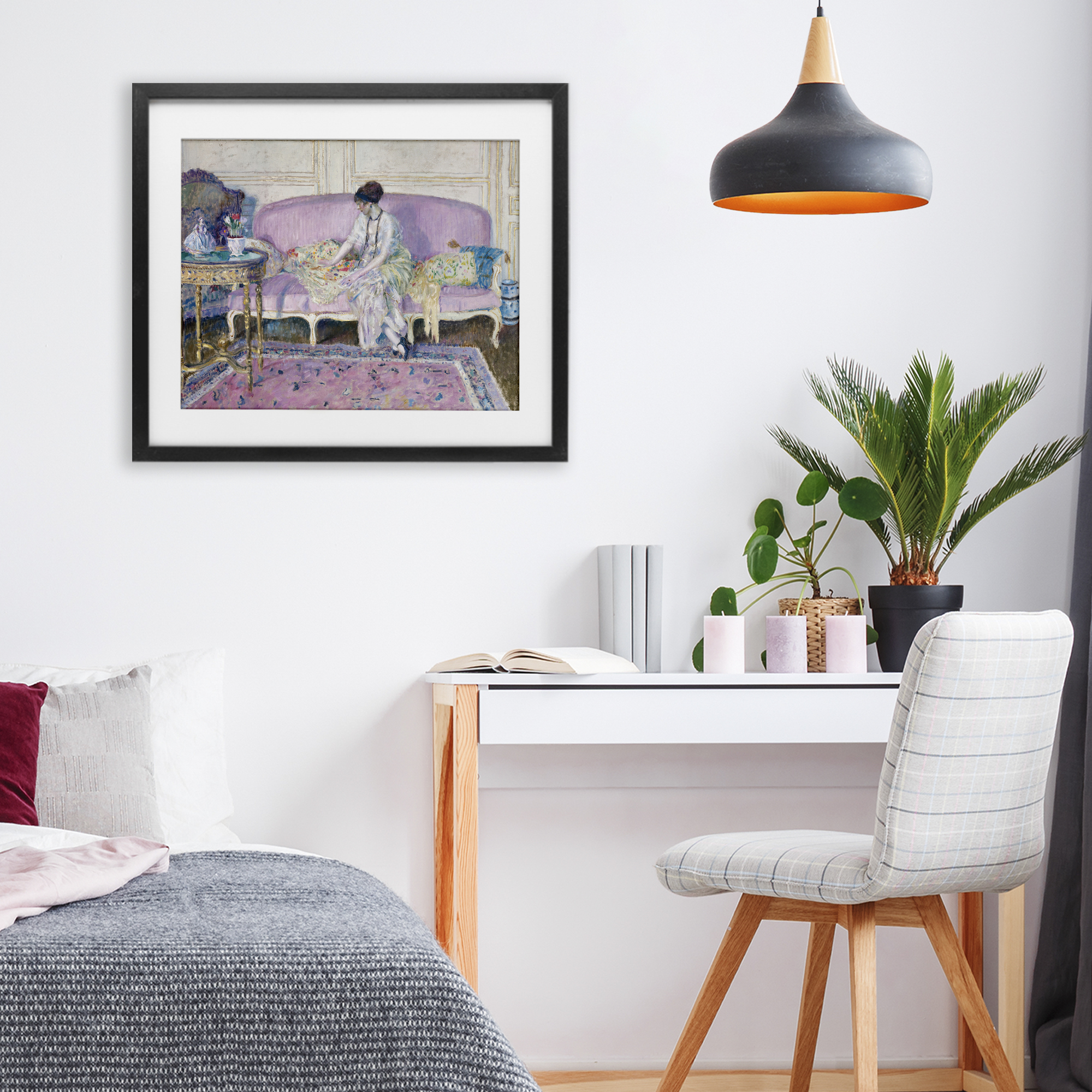 Woman Seated on Sofa Black Framed Print Under Glass, design by Wild Apple Portfolio