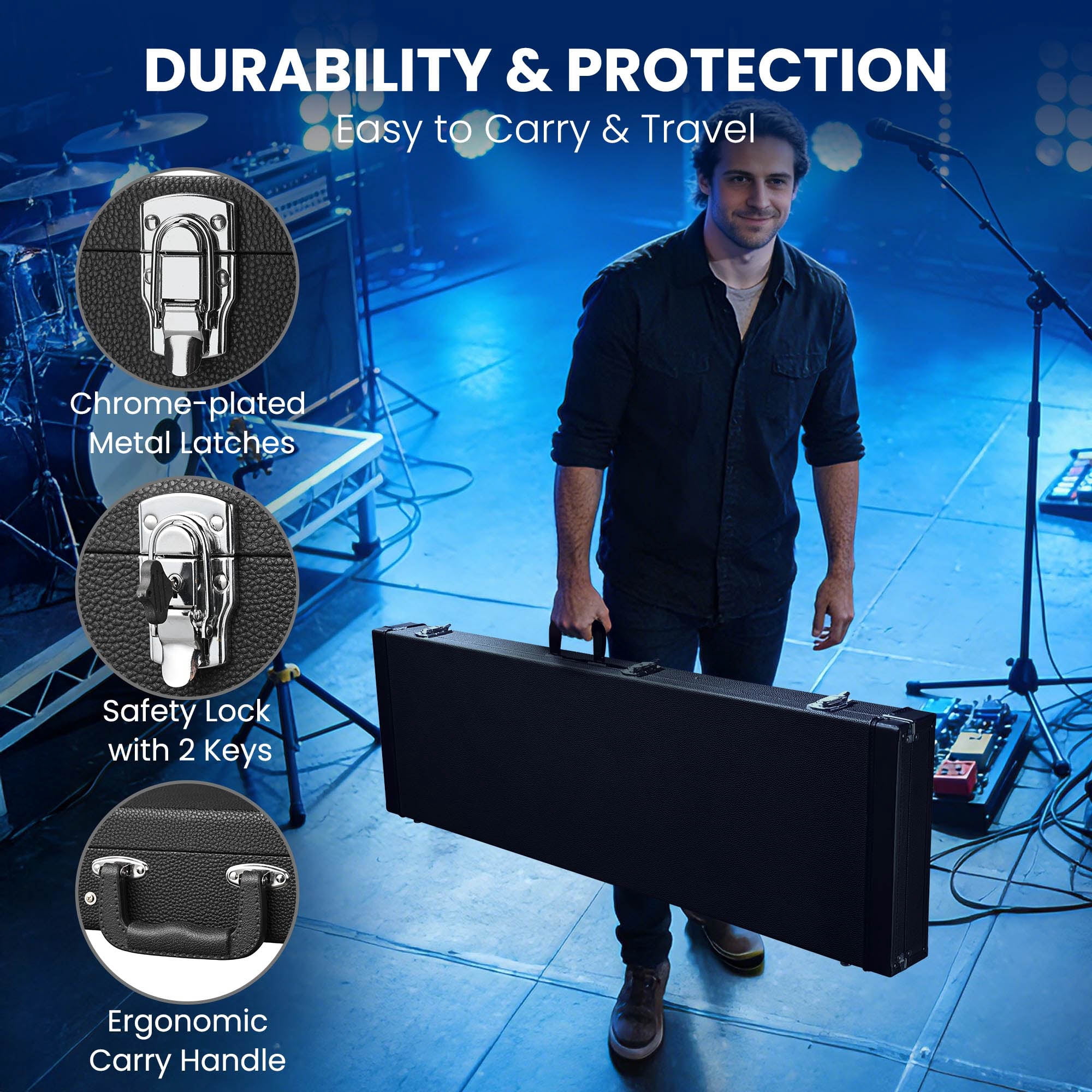 Yescom Rectangular Electric Bass Guitar Case Hard Shell w/ Folding Guitar Stand