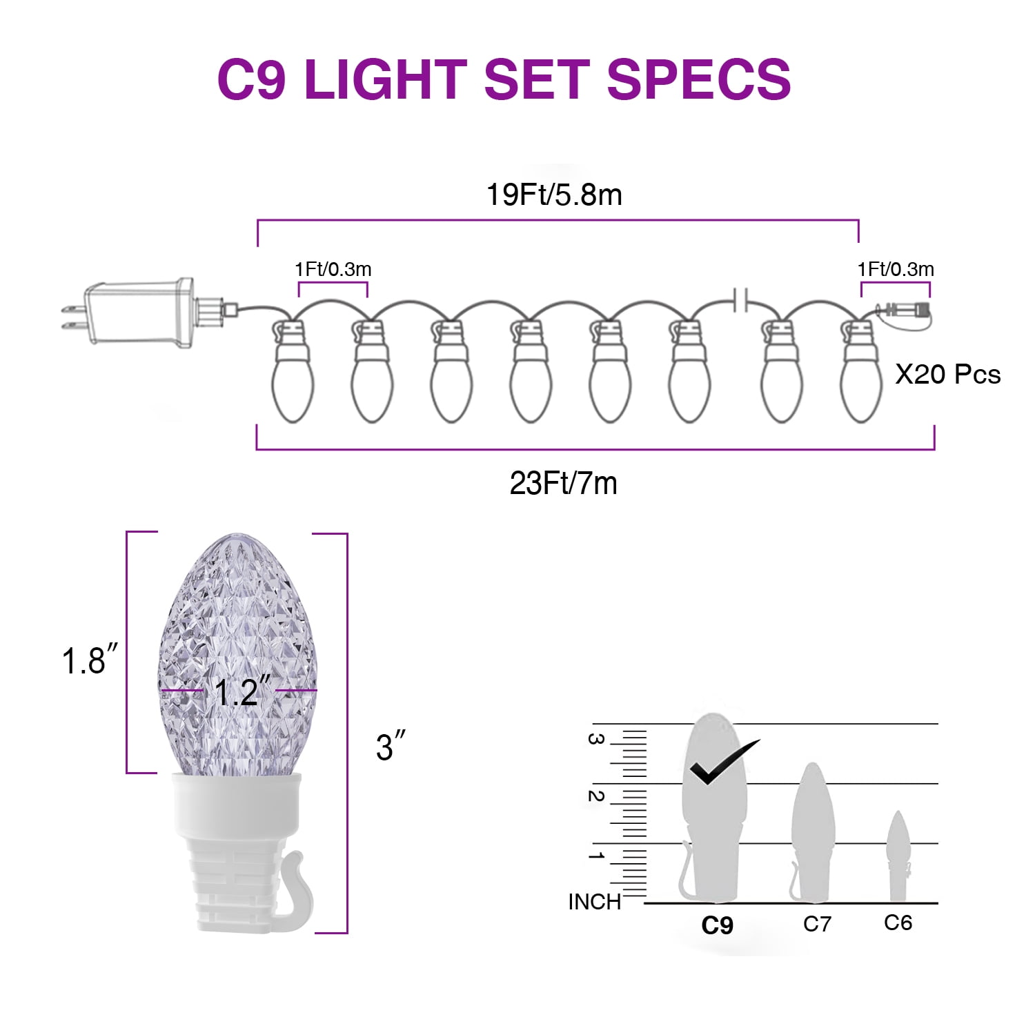 Eva's Light C9 Christmas Lights Outdoor, 23ft 20 Bulbs Color Changing LED String Lights Waterproof