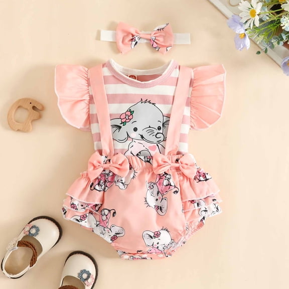 Bovxnpu Infant Toddler Outfits Set Toddler Ruffle Graphic Top Suspender Shorts Headband 3 Piece Sets Summer 2 Piece Outfits