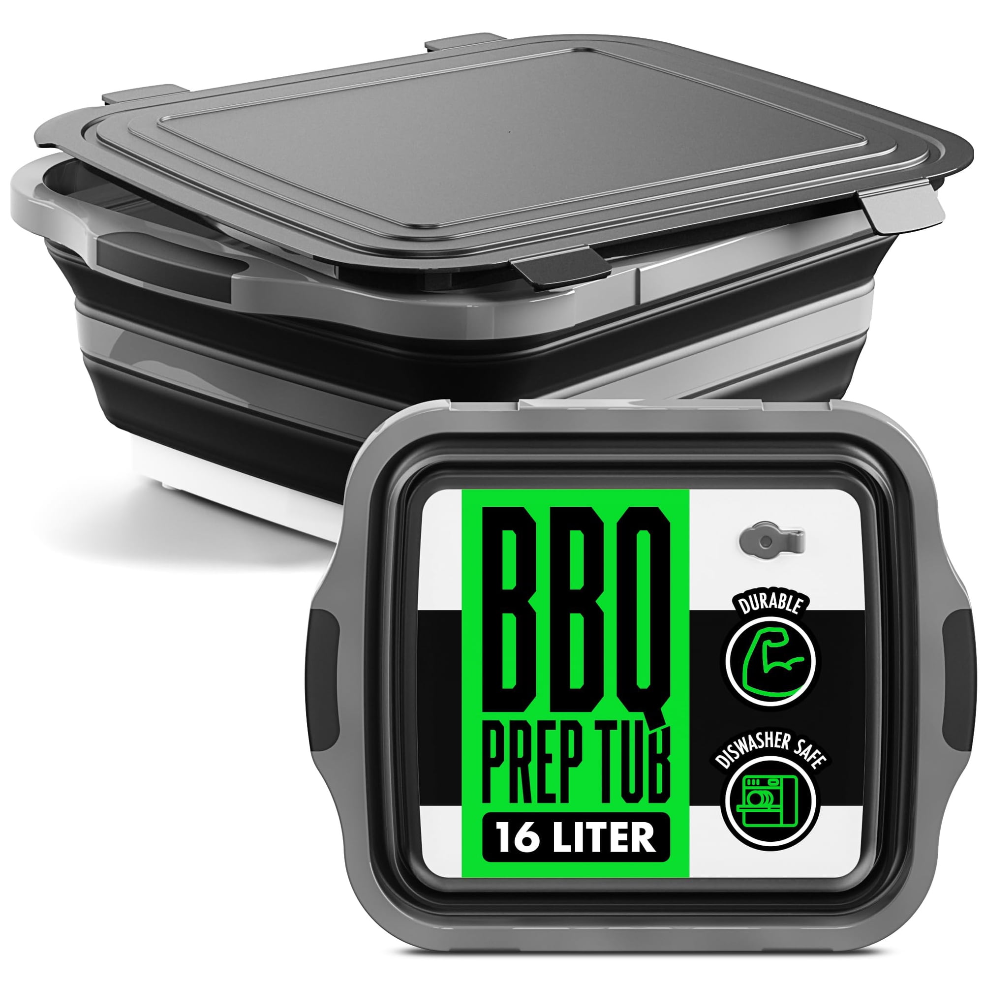 Collapsible BBQ Prep Tub with Lid and Drain Spout, 16L Portable Meat Marinating and Grilling Tray, Cutting Board Food Storage Container for Outdoor Cooking, Camping, Tailgating and Kitchen Prep