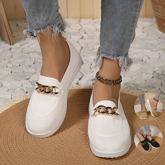 BERANMEY Metal Gold Chain Decor Slip-on Comfort Flat Nurse Loafers Women Shoes Non Slip Shoes for Women Ladies Mesh Walking Shoes Fit Knit Breathable Womens Shoes Dressy Casual Work Nursing Shoes