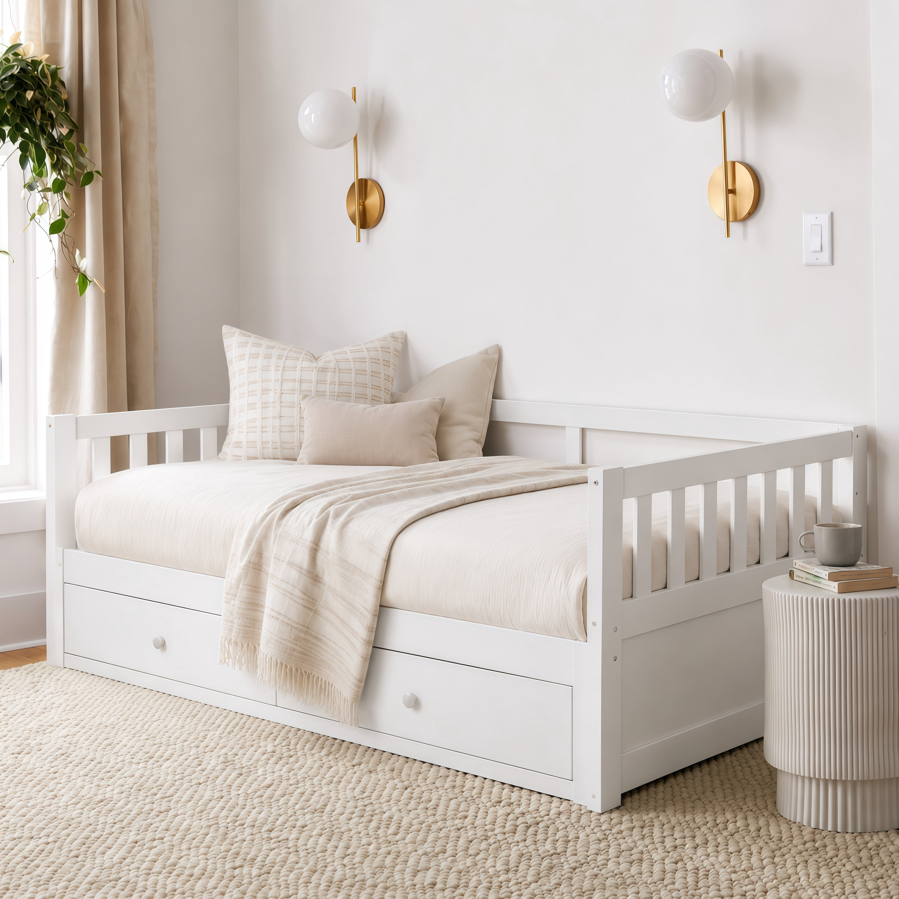 Euroco Wood Twin to King Size Daybed with Pull-out Trundle, Convertible Bed Frame with Drawers, No Box Spring Needed, White
