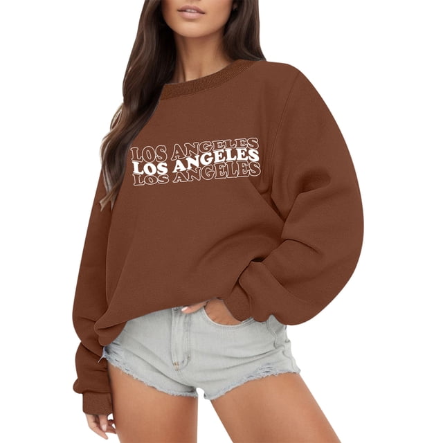 Bmisegm Sweat à Capuche Décontracté pour Femmes Automne et Hiver, Couleur Unie, Col Rond, Imprimé Amusant, Manches Longues, Marron m