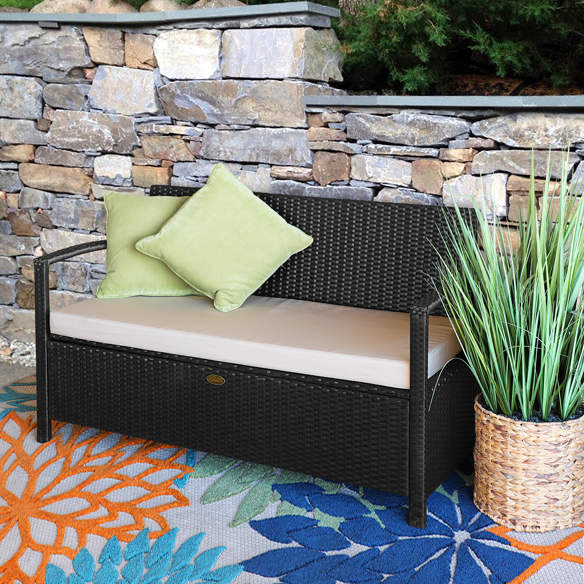Outdoor Storage Bench with Cushion Weather Resistant Storage Bench, Black - image 4 of 7