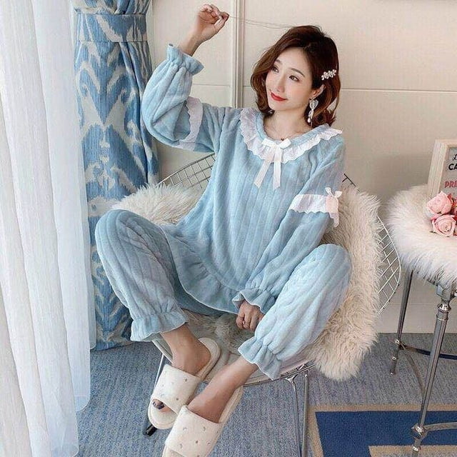 Pijamas de franela de otoño e invierno para mujer, manga larga, grueso, cálido, polar coral, conjunto de ropa para el hogar con forma de oso de galleta