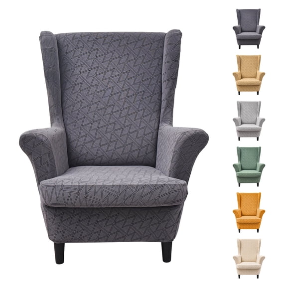 Eurhowing 2Pcs Wingback Chair Cover, Stretch Spandex Jacquard Armchair Slipcovers with Cushion Cover, Living Room Furniture Protector for Pet & Kids, Dark Gray