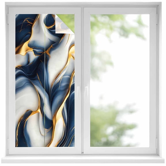 Navy Blue Marble Window Privacy Film, Gold Modern Art Static Cling UV Sun Blocking Heat Control Window Tint Day and Night, Non-Adhesive Reusable One Way Windows Privacy Cover 19.6''x39.3''