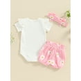 thumbnail image 4 of Baby Toddler Girls Shorts Clothing Set, 0 3 6 9 12 18 Months Short Sleeve Letters Print Bodysuit Flower Print Shorts with Hairband Summer Outfit, 4 of 9