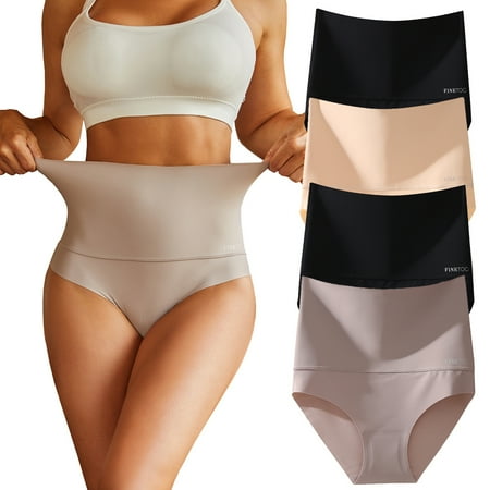 Finetoo 4 Pack High Waisted Underwear for Women Tummy Control Panties High Rise Body Shaper Brief Nylon Seamless Bikini Panty for Ladies Size-Medium