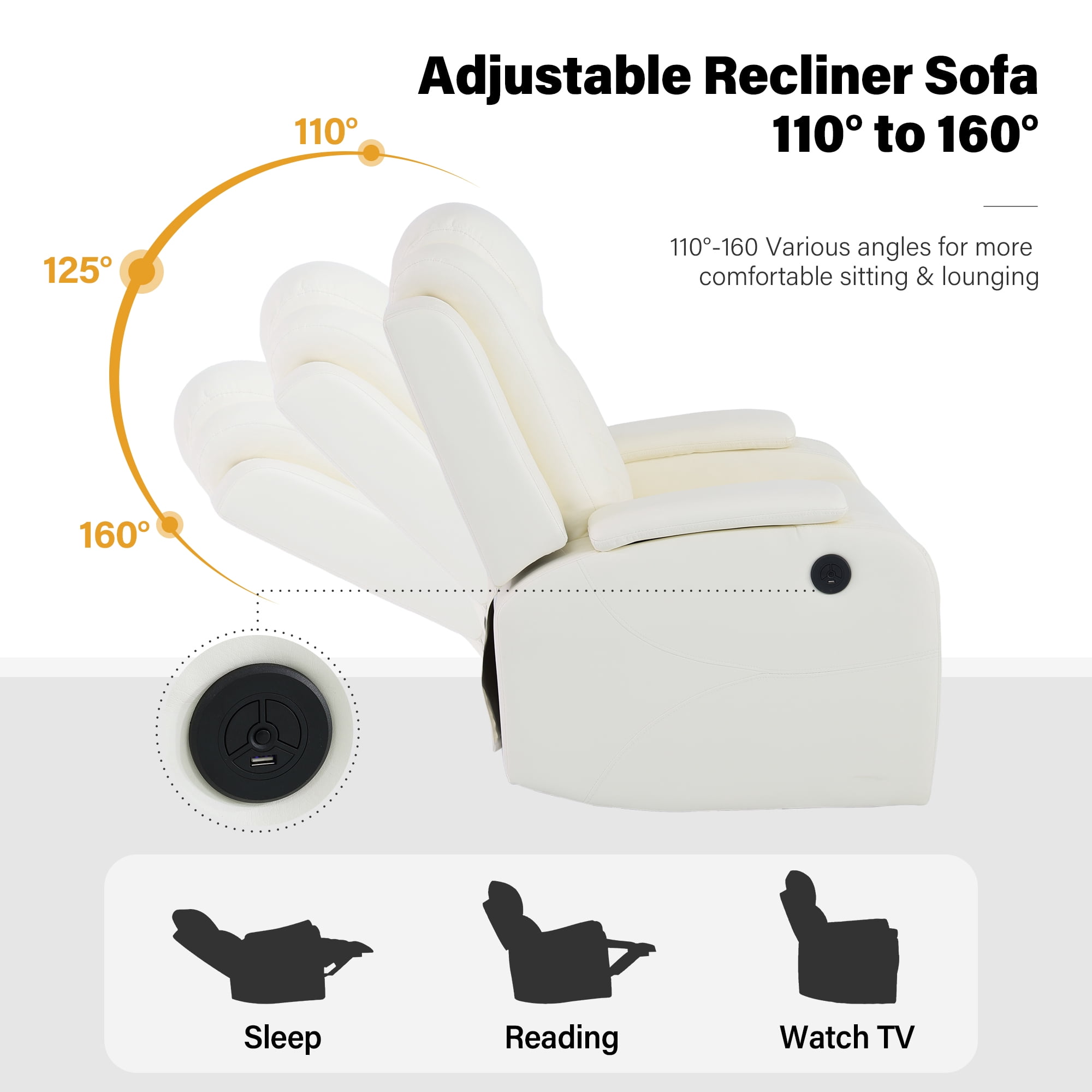Aukfa Power Recliner Sofa Chair W/ Storage and USB for Living Room,Leather, White
