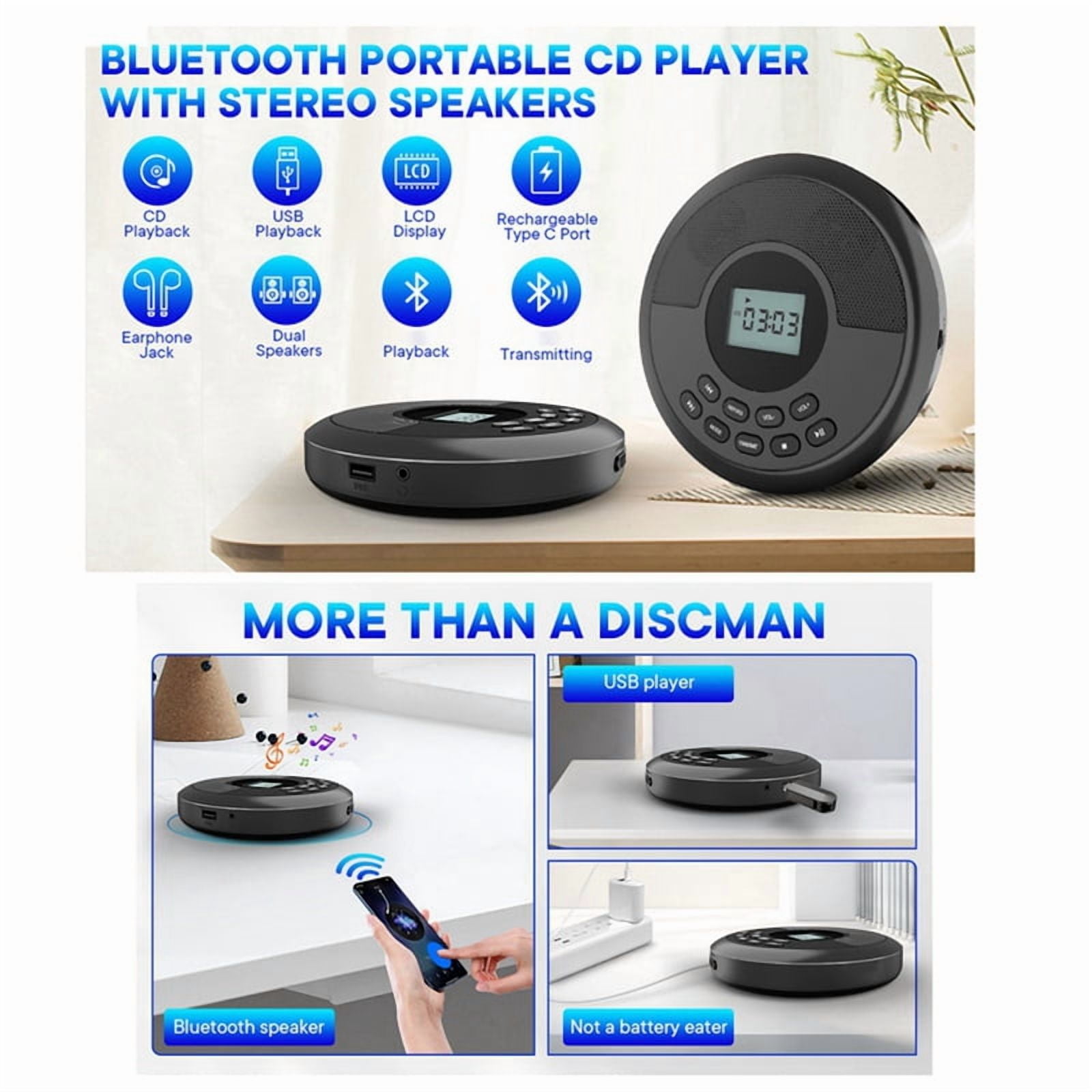 Portable Bluetooth CD Player Rechargeable Discman with Dual Speakers and Headphones  Cd Player Mp3 Player Gray