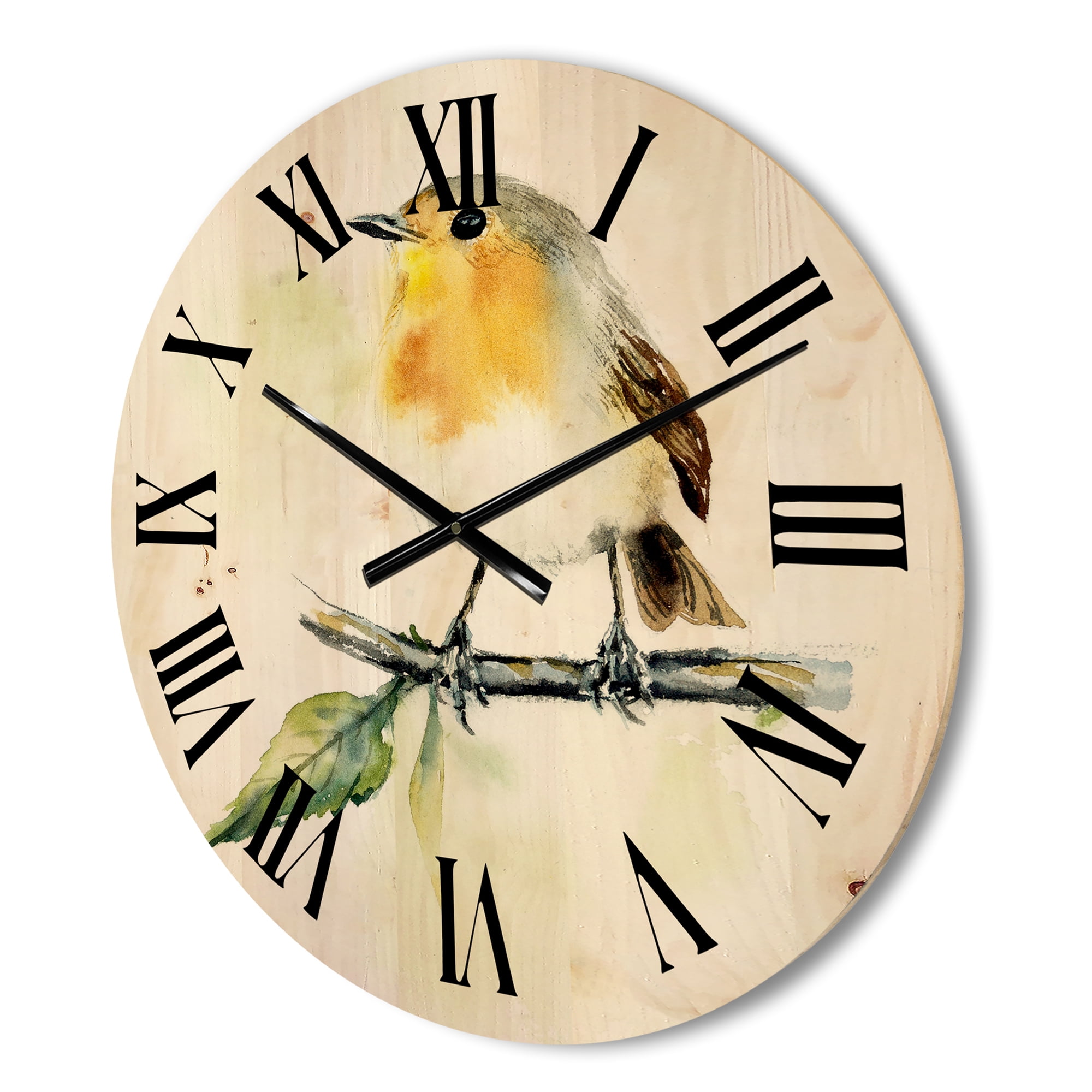 Designart 'Little Robin Bird Sitting On A Branch' Traditional Wood Wall Clock