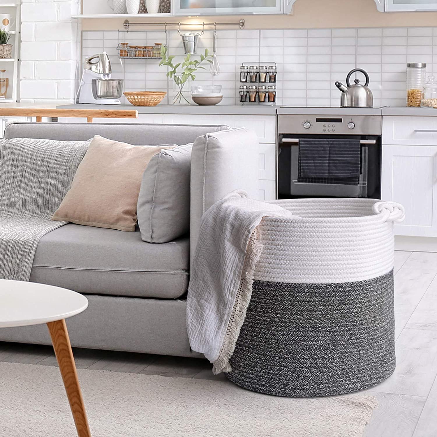 Lot De 3 Paniers Rangement En Coton Tressé Avec Poignées Cuir - Vert, 3 Tailles