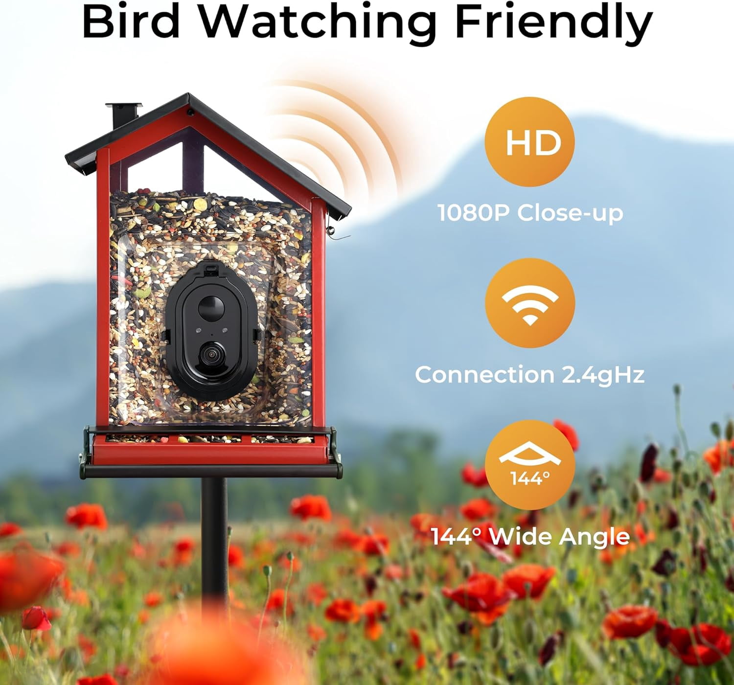 TT Nature Smart Bird Feeder with Camera, Solar Powered Squirrel Proof Outdoor Bird Watching, AI Species Identification, 3.2L, Red