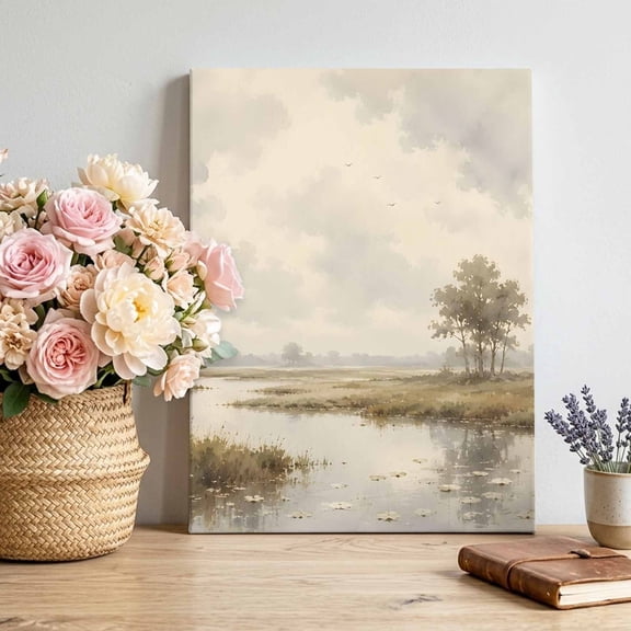 River Stream Canvas Wall Art, Rustic Cottagecore Misty Sage Green Riverbank Grass Framed Picture Canvas Wall Art Print Decor Artwork Decorations for Living Room Bedroom Ready to Hang 18" x 12"