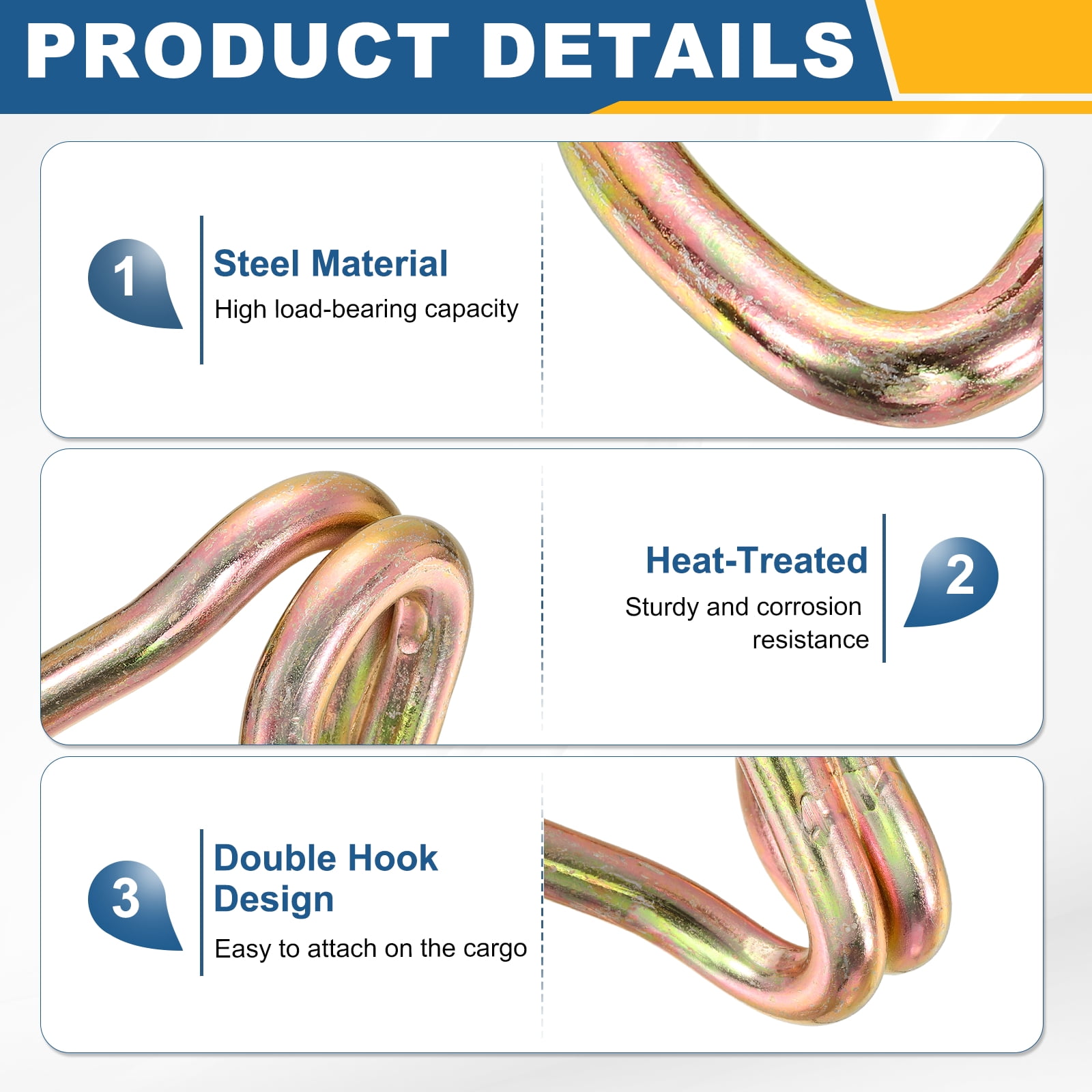 Uxcell 8Pcs Double J Hook, 9mm Dia 6614 lbs Ratchet Strap Tie Down Hook for 1.5" Tie Down Straps Wedding, Cars Trucks Trailers, Double Row Hooks Binder Accessories