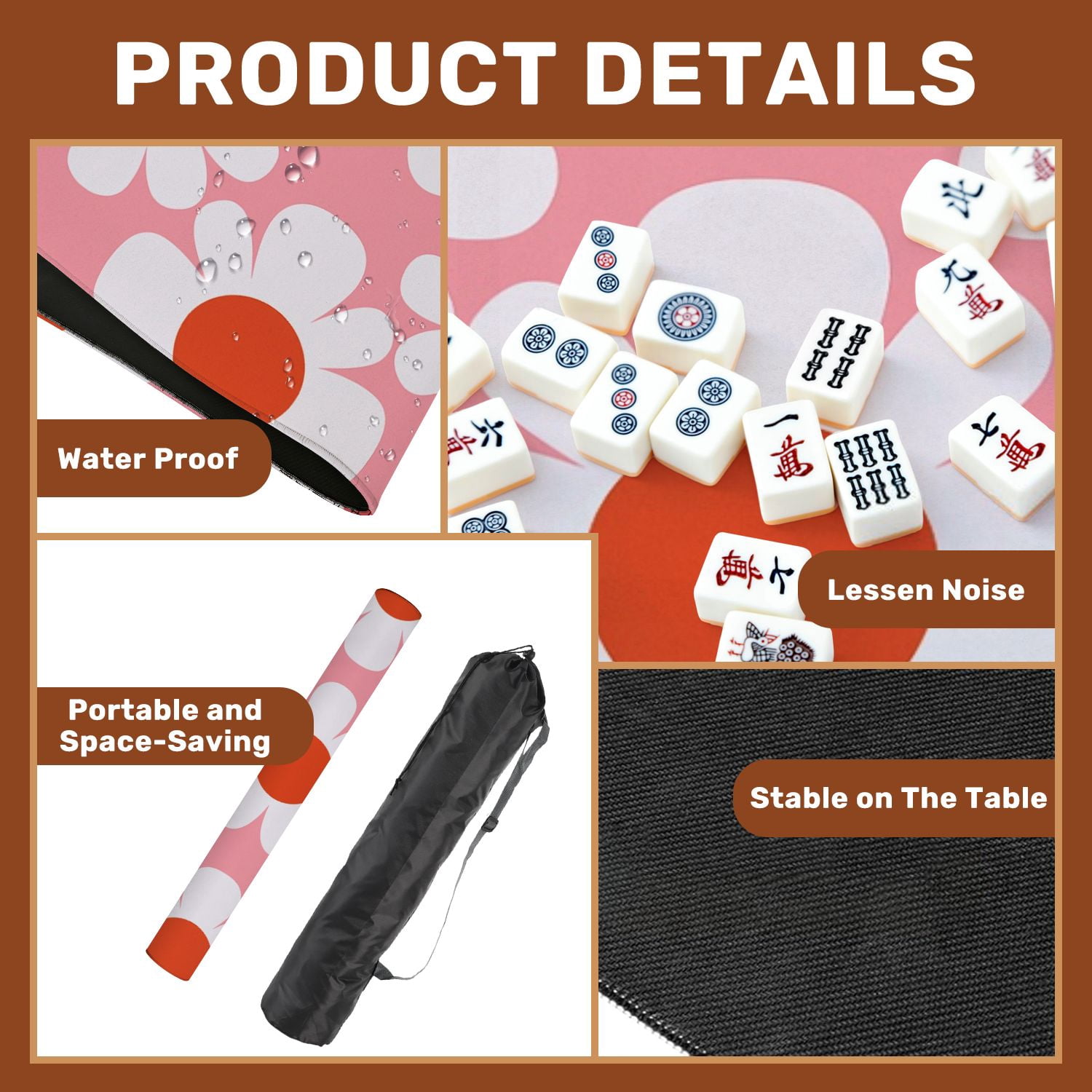 Mahjong Mat 31.5" x 31.5" Colorful Daisy Flower Pink Non-Slip Noise Reduction American Mahjong Tiles Table Cover for Dominoes Poker Card Board Games Gift