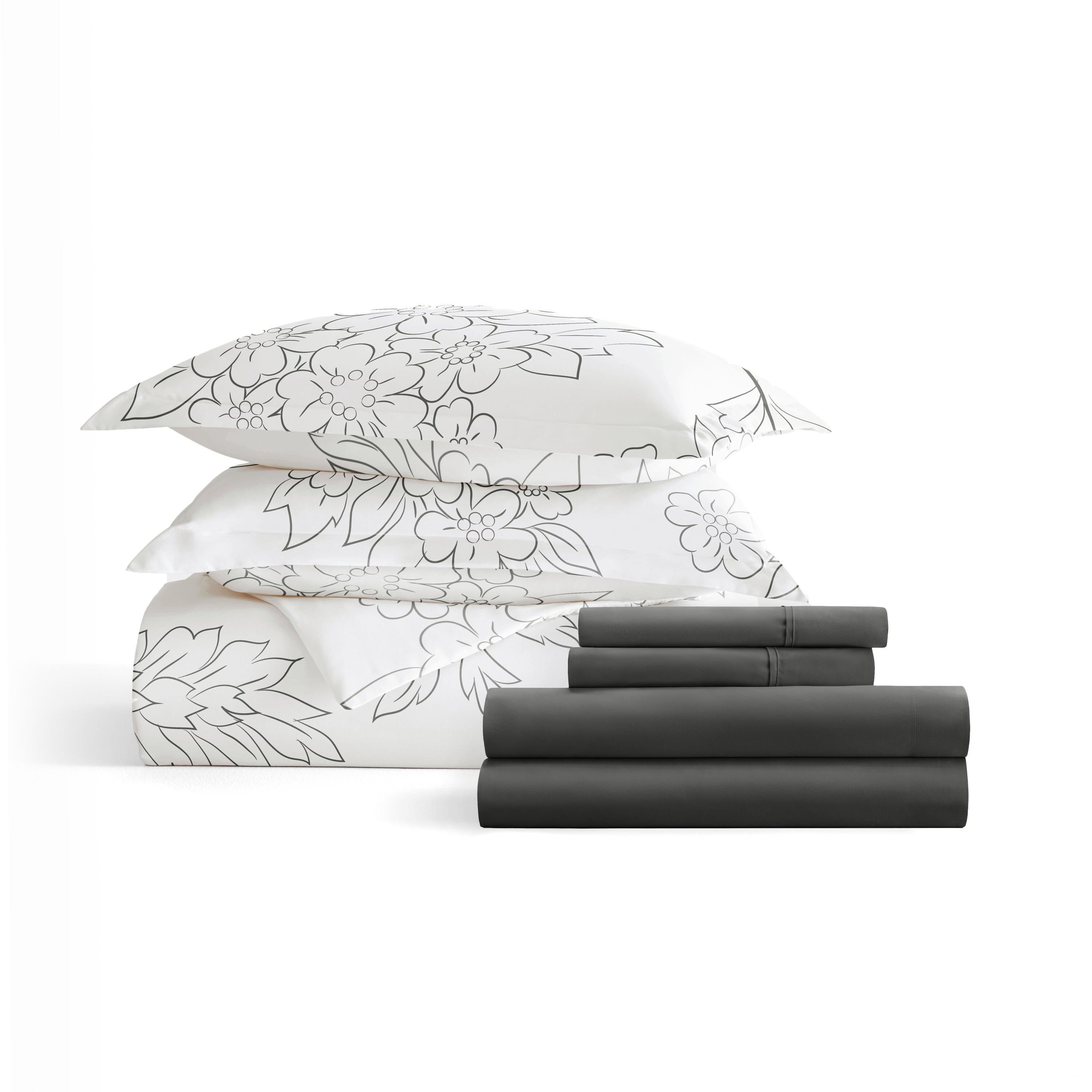 Noble Linens 8 Piece Patterned Duvet Bedding Bundle, Vines Gray, Full